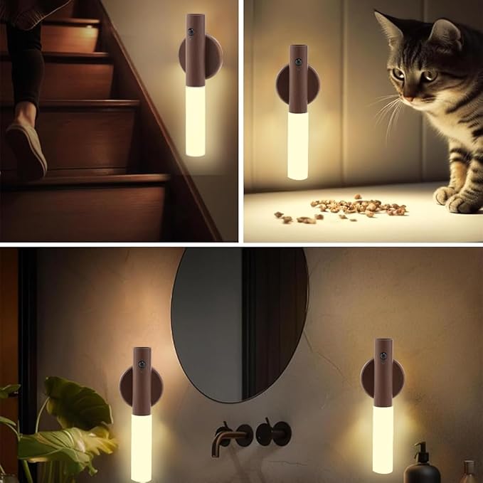 LANDGOO Wooden Nursery Night Light, LED Motion Sensor Nursing Lamp, USB Rechargeable Magnetic 360° Rotation Bedside Lighting for Bedroom Bathroom, Walnut Wood