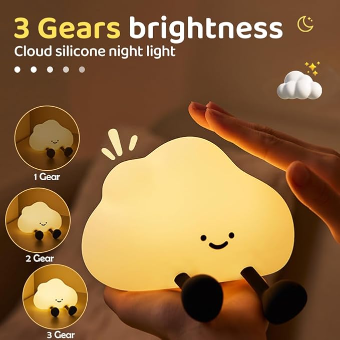 Cute Cloud Night Light Silicone Nursery USB Rechargeable Christmas Sleeping Bedside Lamp Touch Sensor Nightlights for Bedroom