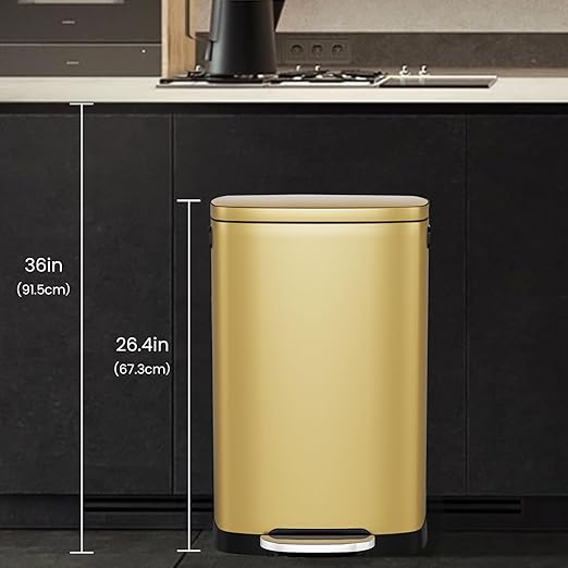 ELPHECO Kitchen Trash Can with Lid Soft Close, 13 Gallon / 50L Stainless Steel Pedal Garbage Can, Heavy-Duty Step Wastebasket with 20 Bags, Removable Bucket, Home Office, Kitchen, Titanium Gold