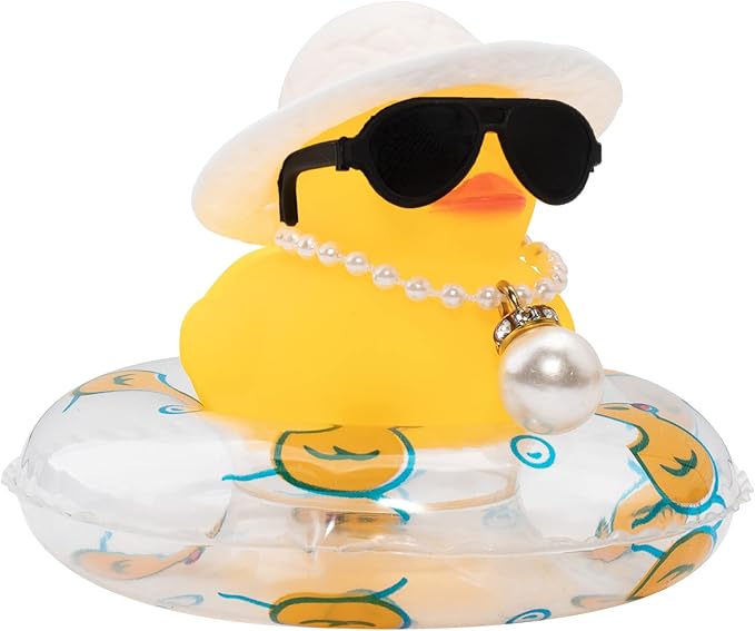 wonuu Car Rubber Duck, Yellow Duck Decoration Dashboard with Sun Hat Swim Ring Necklace Sunglasses for Car Dashboard Decorations