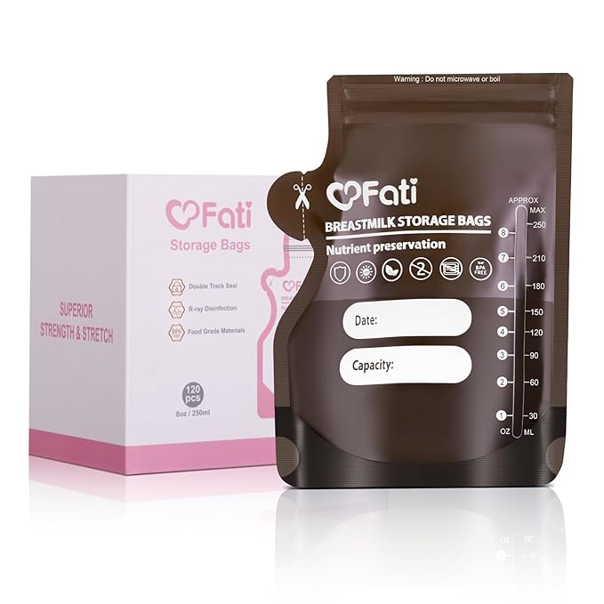 FATI Breastmilk Storage Bags-120 Pcs, 8Oz Blackout Breast Milk Storing Bag with Pour Spout for Baby Bottle Feeding, Breast Pump, No-Leak Milk Freezer Storage Pouches Self-Standing, Baby Essentials