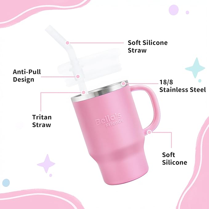 Bella's Friends Handy Mini Tumbler – Adorable 9 oz Sippy Cup for Toddlers 1-3 years old, Flexible Straw, Stainless Interior & Silicone Body, Leak‑Proof, Dishwasher Safe, Ideal for Travel or At Home