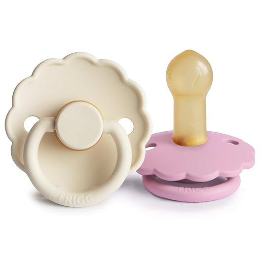 FRIGG Daisy Natural Rubber Baby Pacifier | Made in Denmark | BPA-Free (Cream/Lupine, Size 2) 2-Pack