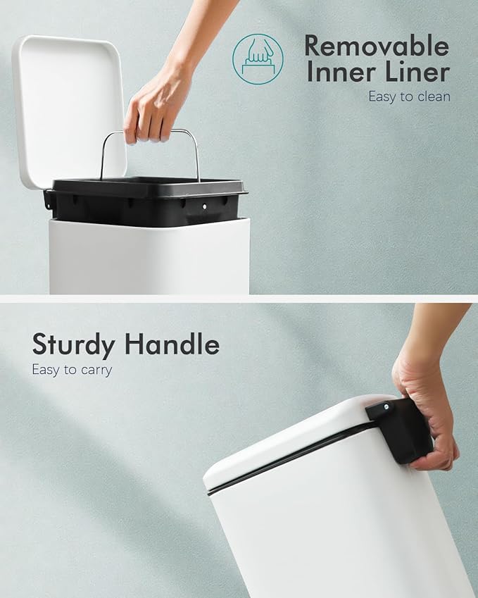 8 Gallon Square Trash Can with Lid, White Kitchen Trash Can with Soft Close, InnerBucket & Steel Pedal, Stainless Steel Garbage Can for Kitchen, Laundry Room, Office, Bathroom, Dorm