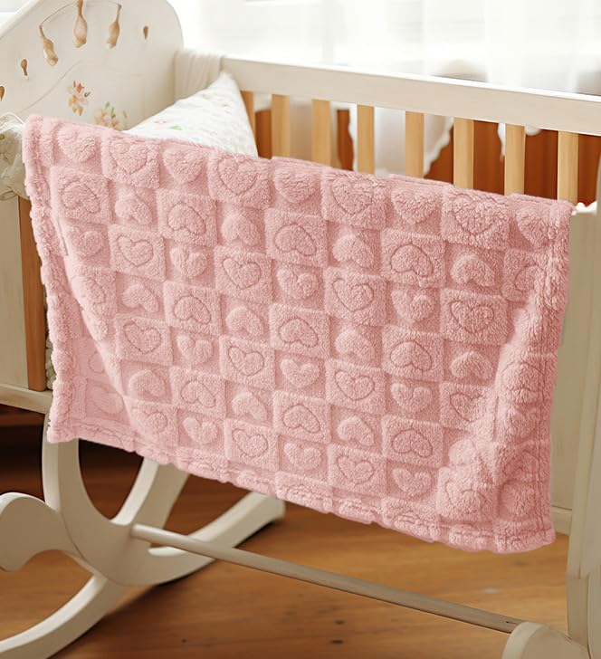 4 Pcs Baby Blankets,Fleece Heart Checkered Blanket, Fluffy Crib Blankets for Girls, Toddler Newborn Receiving Blankets 30×40 Light Pink