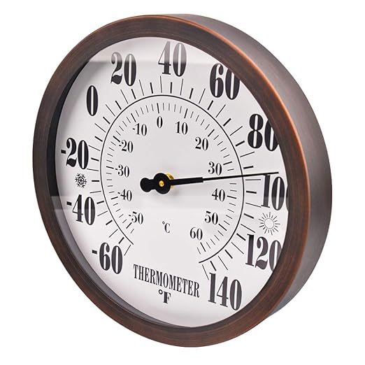 12'' Indoor Outdoor Thermometer Large Numbers, Hanging Decorative Wall Thermometer with Stainless Steel Enclosure, No Battery Needed Weather Thermometers for Patio, Home, Garden Decoration (Bronze)