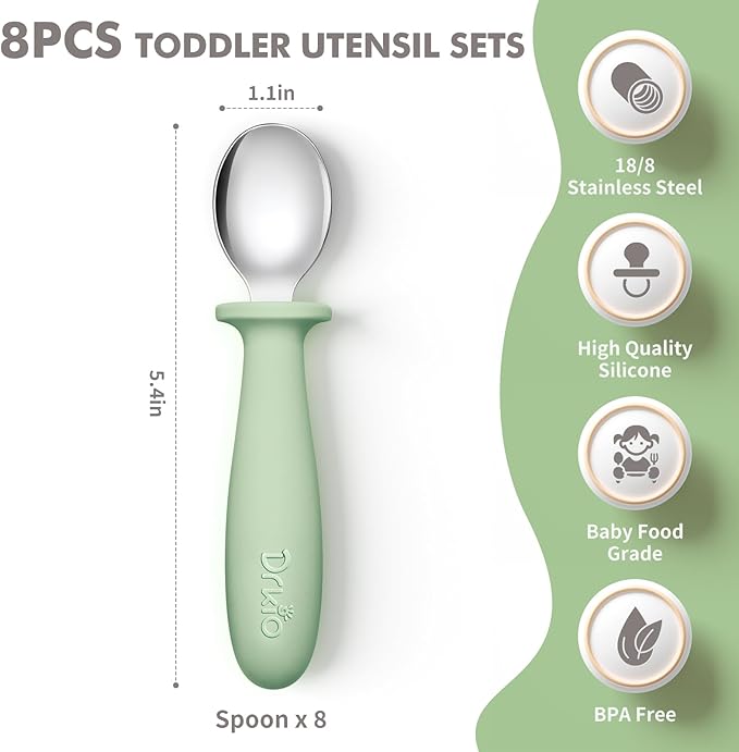 DRKIO 8 PCS Toddler Spoons Set - Baby Spoons with Silicone Handle Children safe 18/8 Stainless Steel Toddler Utensils Set for Self Feeding Kids Silverware Anti-Choke Design Food Grade Dishwasher Safe