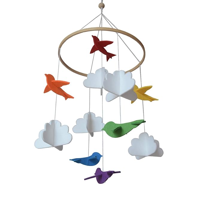 Baby Crib Mobile (Rainbow Birds in The Clouds, w/Garland) - Felt Nursery Ceiling Decoration and Baby Shower Gift for Girls & Boys