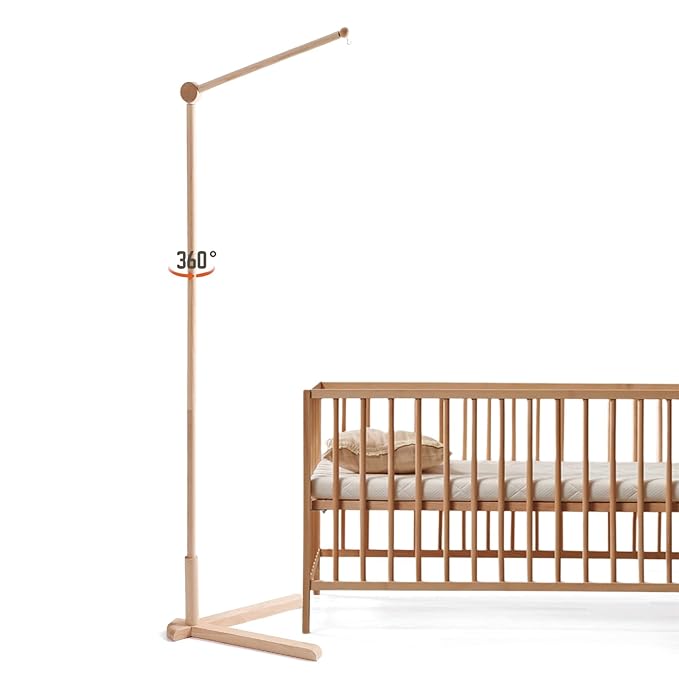 Floor-Standing Wooden Crib Mobile Arm 61 Inch | 360°Adjustable Movable Baby Mobile Hanger | Anti-Dumping Multifunction Mobile Arm for Crib | Adjustable Height Mobile Arm Nursery Decor