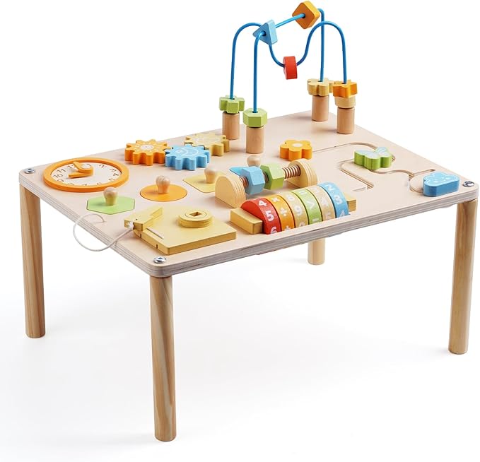 Activity Table for 1+ Year Old, 8-in-1 Wooden Montessori Activity Center Table with Shape Sorter Math Game Bead Maze, Baby Sensory Toy Learning Toys for Toddler First Birthday Gift