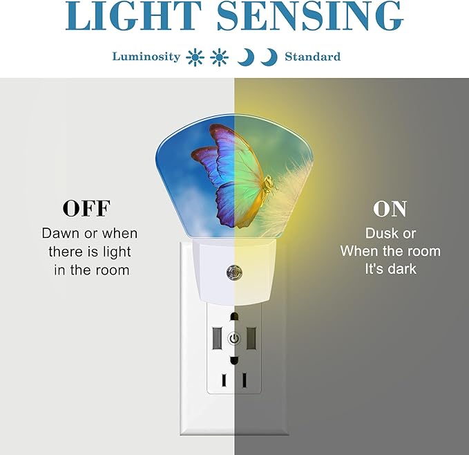 Beautiful Blue Butterfly Night Light, Dandelion Nightlight Plug into Wall with Dusk to Dawn Sensor for Kid Girls Boys Women Men Bedroom, Hallway, Kitchen, Bathroom, Stairs Decor