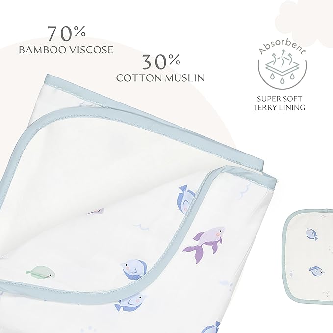 Bamboo Viscose Baby Hooded Towel & Washcloth Set for Babies and Toddlers, Soft & Absorbent, 70% Viscose from Bamboo, 30% Cotton Muslin - Imported (Fish)