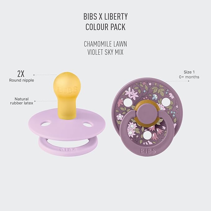 BIBS Colour Liberty Soother 2-Pack, BPA Free Dummy Pacifier, Round Nipple. Natural Rubber Latex, Made in Denmark, Size 1 (0-6 Months), Chamomile Lawn Violet Sky