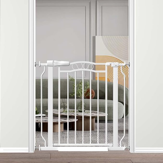 Fairy Baby Extra Wide Pet Dog Gate, Adjustable 29.5"-33.8" Wide Pressure Mounted Baby Gate Indoor for Stairs Doorways, Safety Child Gate Metal Auto Close Walk Thru Toddler Gate for Doggy Kids, White