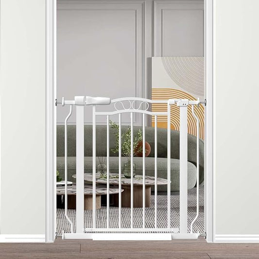 Fairy Baby Extra Wide Pet Dog Gate, Adjustable 29.5"-33.8" Wide Pressure Mounted Baby Gate Indoor for Stairs Doorways, Safety Child Gate Metal Auto Close Walk Thru Toddler Gate for Doggy Kids, White