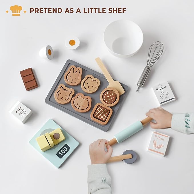 PairPear Wooden Cookie & Baking Play Food Set, Kids 28 Pieces Sliceable Cookies, Hand Mixer Toy Kitchen Accessories Playset, Montessori Pretend Kitchen Gift for Kids Ages 3+