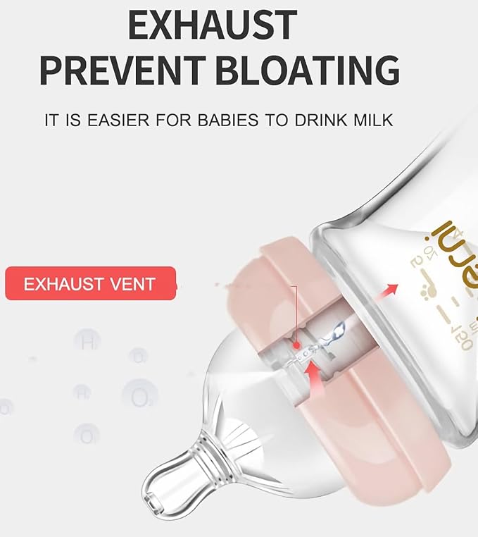 Glass Baby Bottles,Anti Colic Breastfeeding Bottle with Natural Response Nipple Size S,Wide Neck Slow Flow Baby Bottle for Baby,Newborn,Preemie 0-3 0-6 Month,BPA Free (Pink, 5 Ounce，3 Pack)