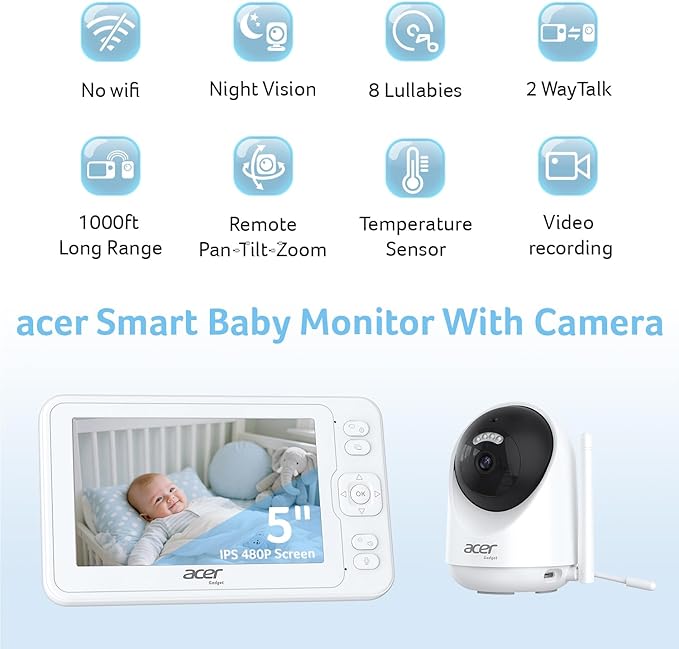 acer Video Baby Monitor 5” LCD Screen Monitor No WiFi with 1080P Camera and Audio for Crib 1000ft Range Remote Pan Tilt Night Vision, Temperature Sensor, 8 Lullabies, 2-Way Talk, Video Recording, VOX
