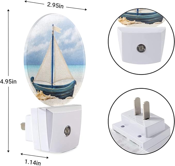 EKOBLA Nautical Night Lights Plug into Wall Sea Boat Ship on Beach Night Light LED Round Lamp for Coastal Room Decorations, 0.5W Nightlight Sleep Friendly