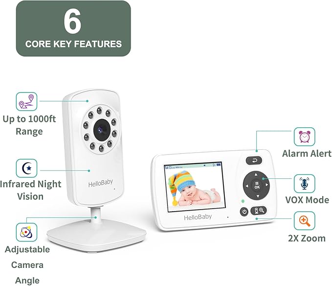 Hellobaby HB30 Video Baby Monitor with Digital Camera and Audio, No WiFi No App Safety Baby Monitor, 8 Languages, Auto Night Vision, 1000ft Transmission Range, 2.4 inch Portable Screen, White