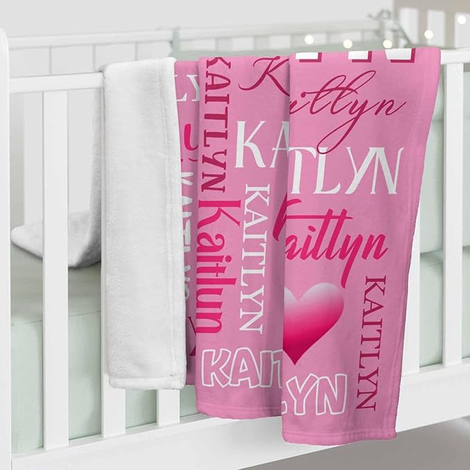 Personalized Baby Blanket for Girls Boys, Custom Name Blanket Pink and Hearts Pattern for Baby Shower, Fuzzy Blanket for Infant or Newborn Receiving Blanket for Crib, Stroller, Travel