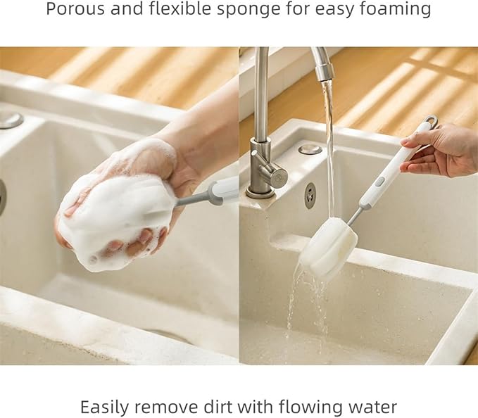 Bottle Brush Long Handle Cup Cleaner Brush Sponge Bottle Scrubber Detachable Handle Portable Sponge Cleaning Brush for Cups Wine Glasses Water Bottles Baby Bottles and Vacuum Flasks (Grey)