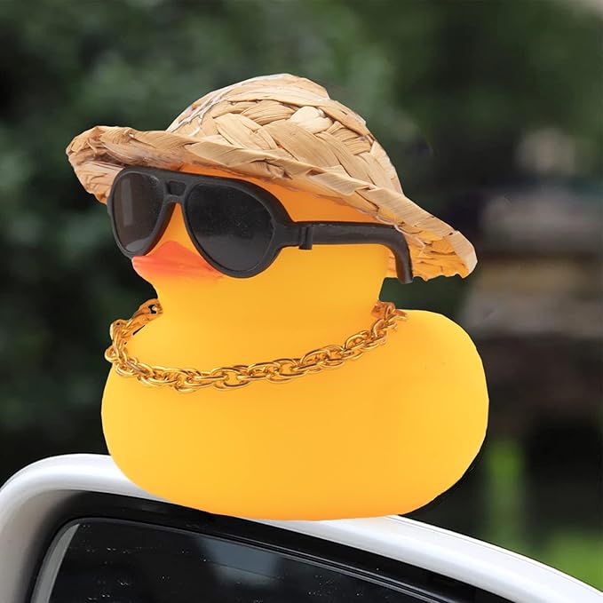 wonuu Car Rubber Duck, Yellow Duck Decoration Dashboard with Sun Hat Swim Ring Necklace Sunglasses for Car Dashboard Decorations (Straw Hat-Transparent)