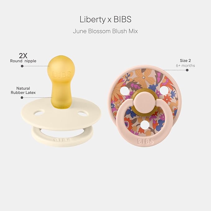 BIBS Colour Liberty Soother 2-Pack, BPA Free Dummy Pacifier, Round Nipple. Natural Rubber Latex, Made in Denmark, Size 2 (6-18 Months), June Blossom Blush Mix