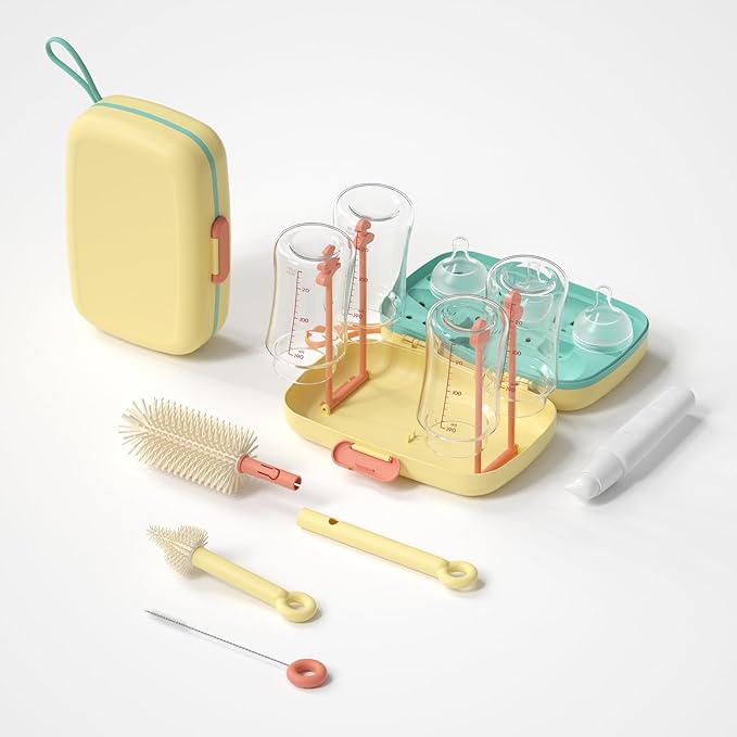 7in1 Travel Bottle Cleaner kit,Baby Essentials, with Bottle Brush、Nipple Brush、Straw Cleaner Brush、Soap Dispenser、Bottle Drying Rack、Drainage Tray、Storage Box,Baby Travel Essential (Yellow)