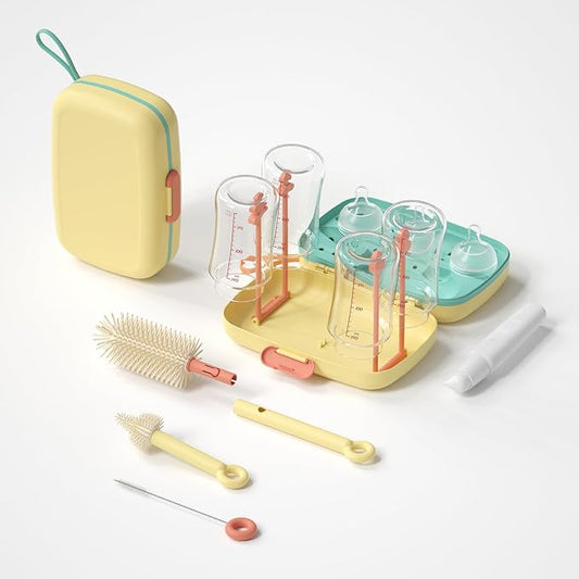 7in1 Travel Bottle Cleaner kit,Baby Essentials, with Bottle Brush、Nipple Brush、Straw Cleaner Brush、Soap Dispenser、Bottle Drying Rack、Drainage Tray、Storage Box,Baby Travel Essential (Yellow)