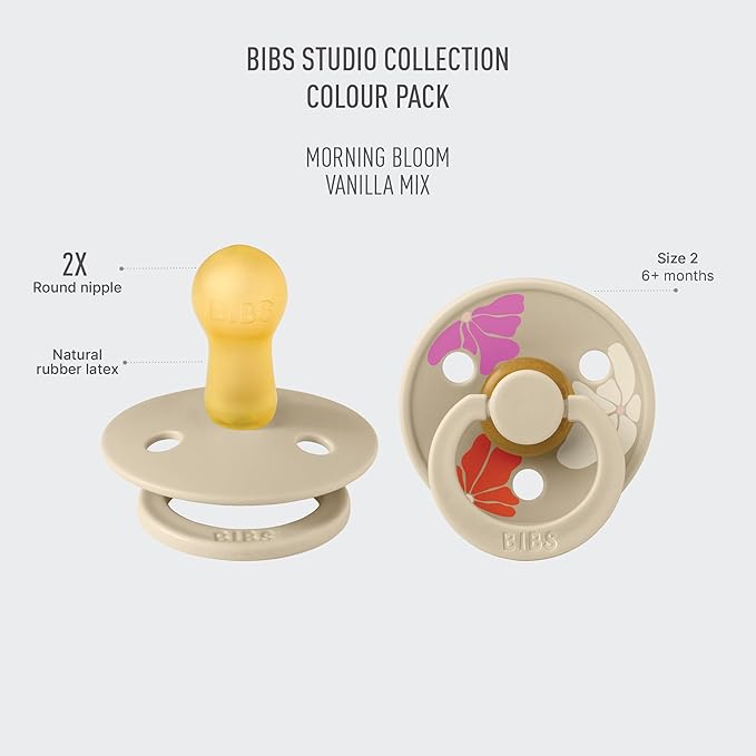 BIBS Pacifiers - Studio 2 Pack | Round Nipple Baby Pacifier | BPA Free Natural Rubber Latex Soother | Made in Denmark | Size 6+ Months | Morning Bloom Vanilla