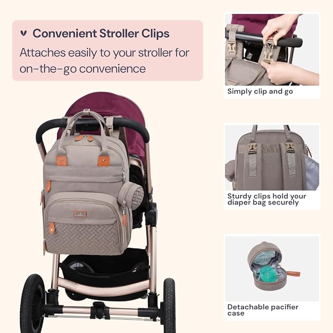 BabbleRoo Diaper Bag Backpack - Baby Essentials Travel Tote - Multi Function Waterproof Diaper Bag, Travel Essentials Baby Bag with Changing Pad, Stroller Straps & Pacifier Case - Unisex, Khaki