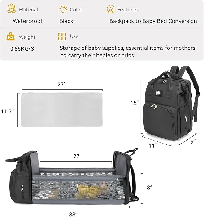 Diaper Bag Backpack with Changing Station – Large Waterproof Baby Bag for Moms & Dads, Pañaleras para Bebe, Multifunctional Diaper Backpack for Baby Girl, Travel Essentials (Black)