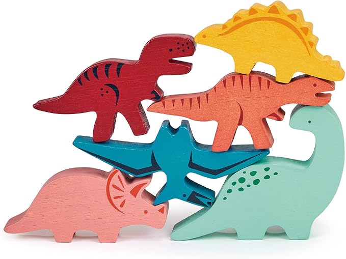 Mentari Toys - Happy Stacking Dinosaurs - 6pc Wooden Stacking Toy for Toddlers - Colorful Dinosaur Balancing Activity Toy with Bag - Boost Fine Motor Skills and Dexterity - Age 18m+