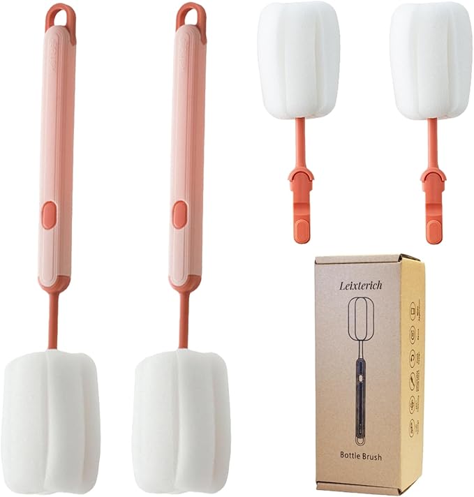 Bottle Brush Long Handle Cup Cleaner Brush Sponge Bottle Scrubber Detachable Handle Portable Sponge Cleaning Brush for Cups Wine Glasses Water Bottles Baby Bottles and Vacuum Flasks (Pink)