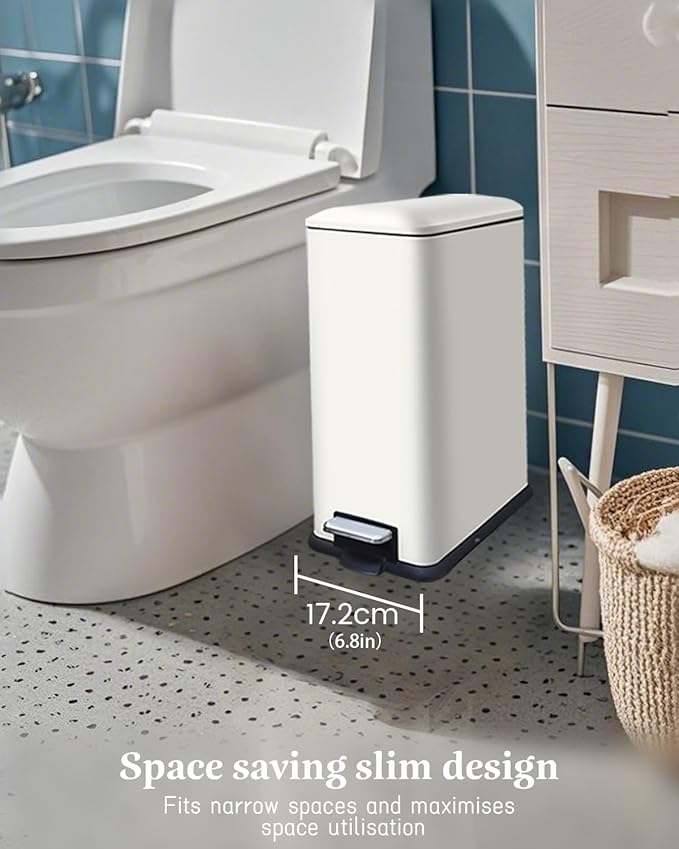 Trash Can with Lid, 10L Bathroom Waste Bin, Small Pedal Bin, Stainless Steel Garbage Can for Bathroom, Bedroom and Office, White