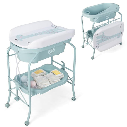 BABY JOY Baby Bathtub with Changing Table, Foldable Infant Diaper Changing Station with Storage Tray, Waterproof Pad, Portable Newborn Nursery Organizer Bath Stand with 4 Universal Wheels (Blue)