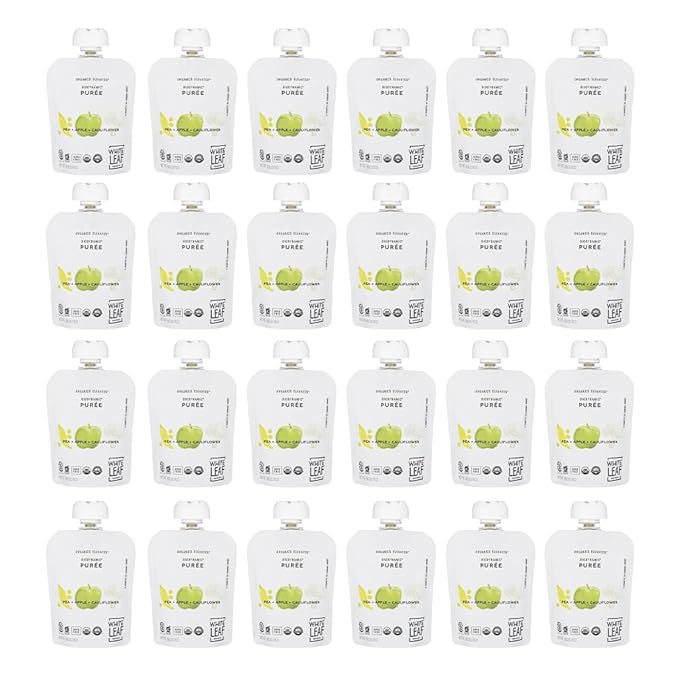 White Leaf Provisions Organic Purees / Baby Food Pouches - Fruits, Veggies & Grains, Toddler snack, Regeneratively Farmed, No Added Sugar, Non-GMO, BPA-Free Pouches 3.17 oz (Pack of 24) Pea + Apple + Cauliflower)