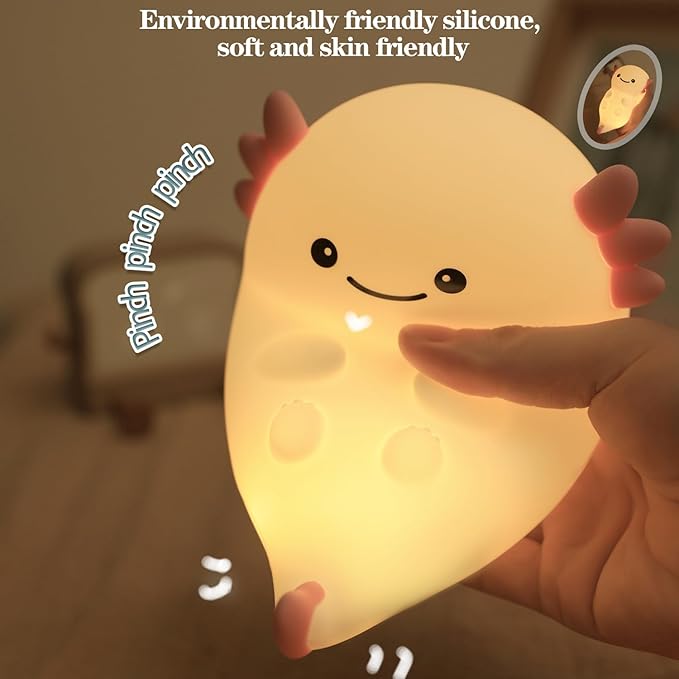 Cute White Axolotl Night Light, LED Squishy Night Lamp, Dimmable Timer Nursery Nightlight for Kids, Rechargeable Touch Lamp, Dorm Decor, Kids Funny Gifts(White Axolotl)