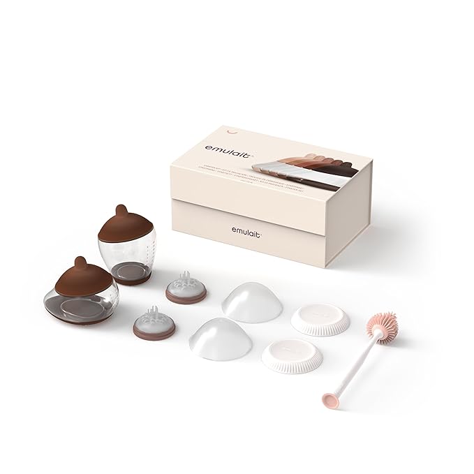 Emulait Baby Bottle Starter Kit Includes 2 Bottles 2 Nipples 2 Caps 2 Lids 2 Responsive Flow Valves, Cleaning Brush - Deep - Shape 2-RFV