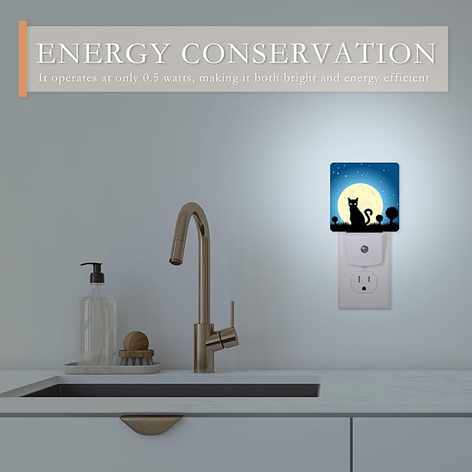 Halloween Night Lights Plug into Wall,Black Cat Moon Night Light Dusk to Dawn Sensor LED Lamp 0.5W for Boys/Girls/Women/Men Decorations Room 0.5W Sleep Friendly