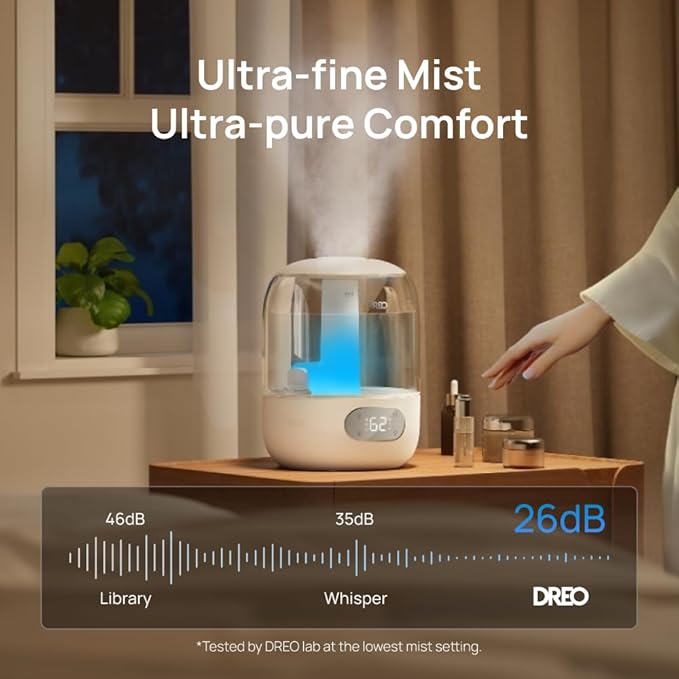 Dreo Cool Mist Humidifiers for Baby, 3L Top Fill, 26dB Quite, Ambient Indicator Light for Nursery, Less Refill, Indoor, Adjustable Nozzle, New Edition