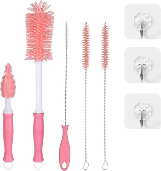 Portable Bottle Brush Set - Baby Bottle Cleaner Kit with Silicone Brush, Nipple Brush, Straw Brush, Bottle Cleaning Long Handle Water Bottle CleanerTool