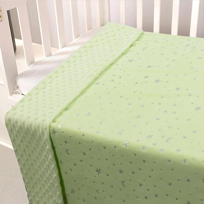 Baby Blanket for Boys Girls Soft Minky with Double Layer Dotted Backing, Star and Moon Printed 30 x 40 Inch Receiving Blanket (Green)