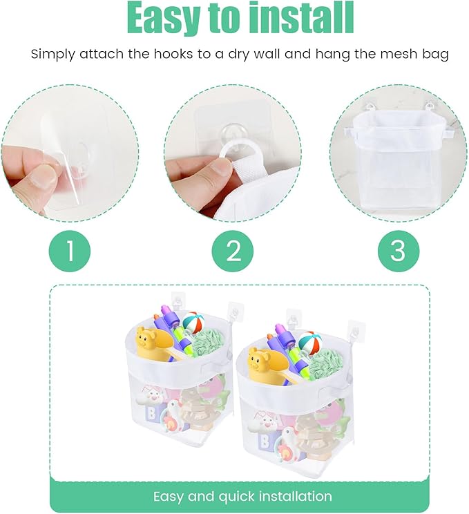 2Pcs Bath Toy Storage Polyester Toy Organizer Wall Mounted Breathable Leaky Mesh Bag Easy to Install Large Capacity Toy Mesh Bag Easy to Clean Toy Organizer Suitable for Bathrooms