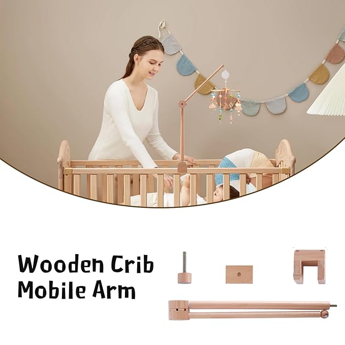 Natural Wooden Crib Mobile Arm - 360° Adjustable Mobile Arm for Crib, Sturdy Mobile Holder for Crib with Anti-Slip Design, Safe Mobile Hanger for Crib Attachment, Nursery Decor for Baby Boy & Girl