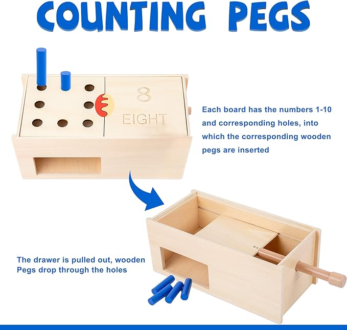 Adena Montessori Toys Wooden Peg Drop Box Tumble Down Counting Pegs Number Games - Fun and Exciting Way to Learn 1-10 Numerals Early Math Skills Development