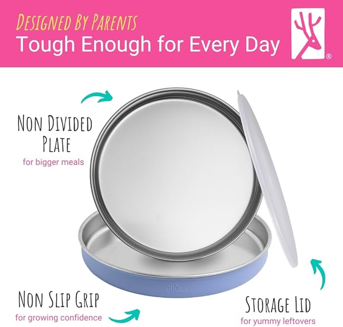 Elk and Friends 7.8” Stainless Steel Non Divided Plates with Silicone Sleeve + Storage Lid | Baby, Toddler, Kids | Dishwasher Safe | Dinner & Snack Plates | 2 Pack