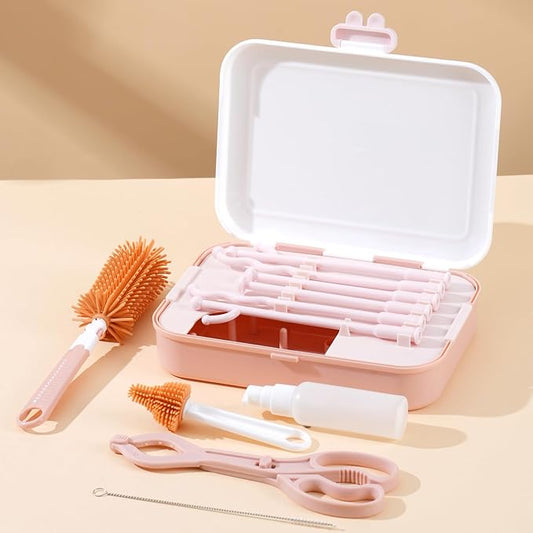 7-in-1 Baby Bottle Cleaner Set with Storage Case & Drying Rack, Nylon & Silicone Brushes for Cap, Straw & Nipple, BPA-Free, Keep Everything Clean & Organized （ Pink ）