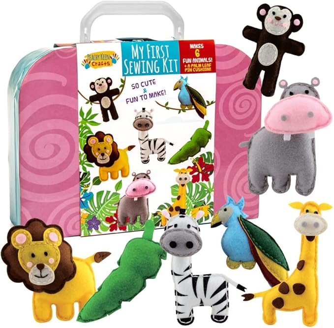 Peachy Keen Crafts Kids Sewing Kit, Learn to Sew for Ages 8-12, Beginner Felt Craft Kit, Make 6 Fun Stuffed Animals and A Pin Cushion, Teach Basic Stitches